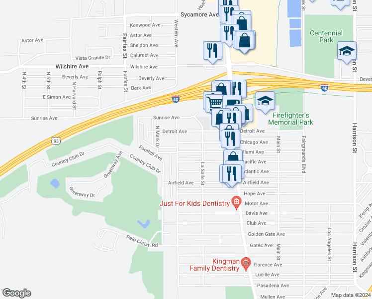 map of restaurants, bars, coffee shops, grocery stores, and more near 1715 Miami Avenue in Kingman