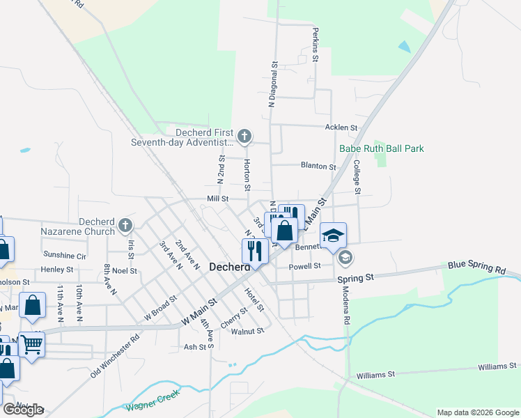 map of restaurants, bars, coffee shops, grocery stores, and more near 216 3rd Street in Decherd