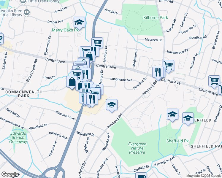 map of restaurants, bars, coffee shops, grocery stores, and more near 3936 Belcross Drive in Charlotte