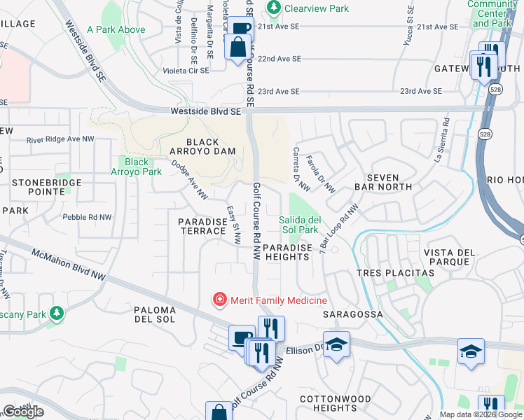 map of restaurants, bars, coffee shops, grocery stores, and more near 10512 Easy Place Northwest in Albuquerque