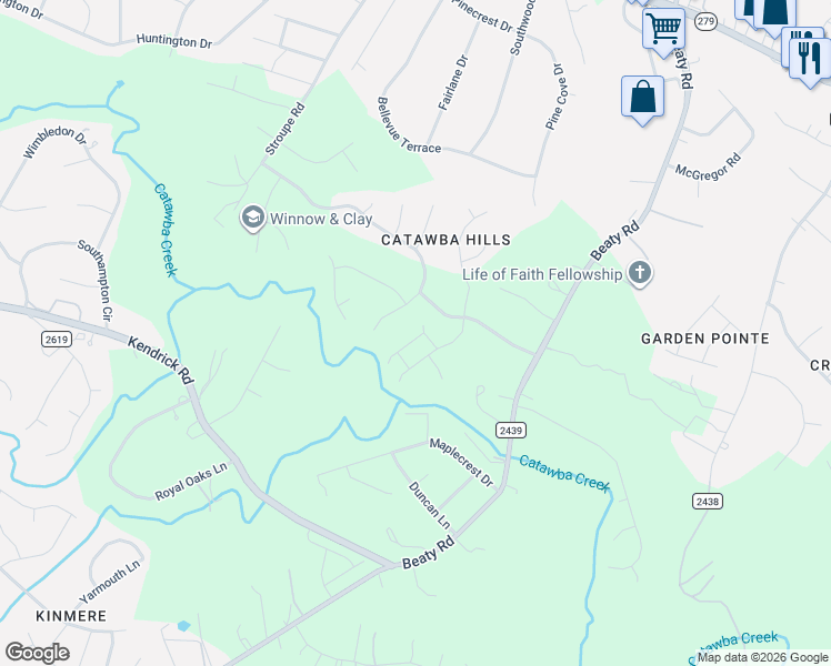 map of restaurants, bars, coffee shops, grocery stores, and more near 3909 Bighorn Way in Gastonia