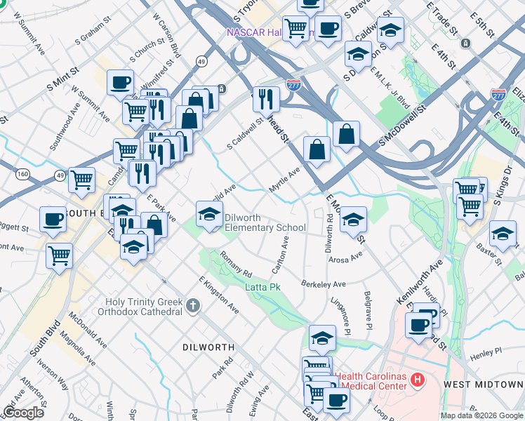 map of restaurants, bars, coffee shops, grocery stores, and more near 701 Mount Vernon Avenue in Charlotte