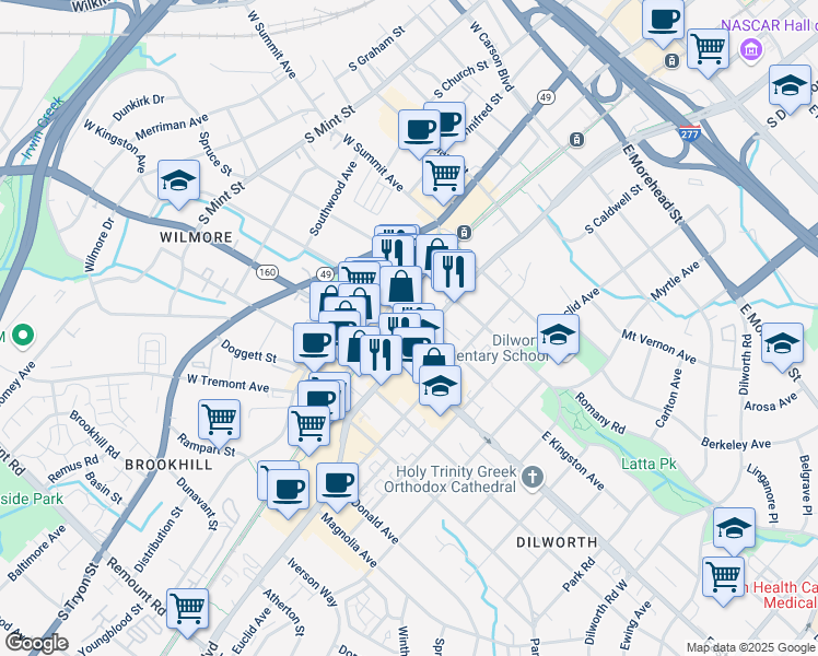 map of restaurants, bars, coffee shops, grocery stores, and more near 124 East Kingston Avenue in Charlotte