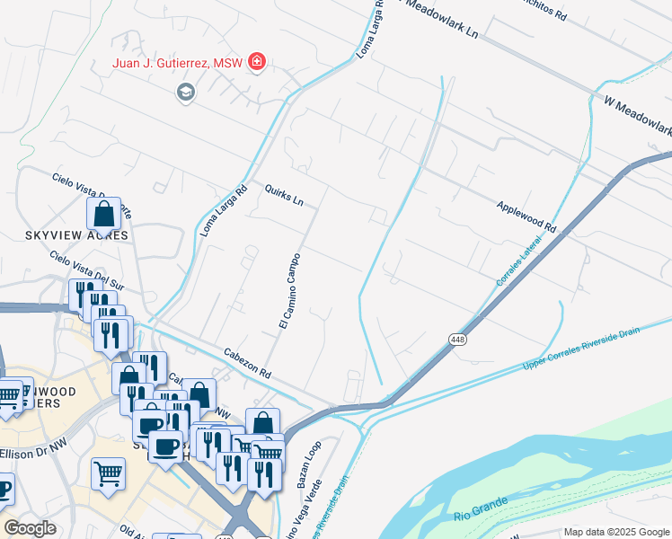 map of restaurants, bars, coffee shops, grocery stores, and more near 92 Desert Willow Road in Corrales