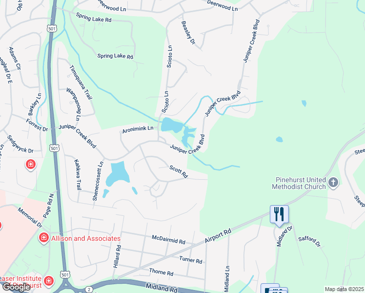 map of restaurants, bars, coffee shops, grocery stores, and more near 43 Juniper Creek Boulevard in Pinehurst