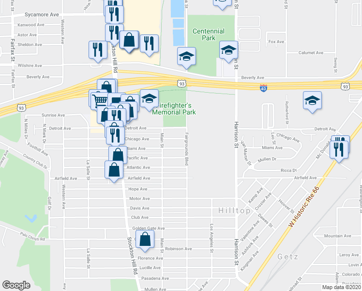 map of restaurants, bars, coffee shops, grocery stores, and more near 2037 Miami Avenue in Kingman