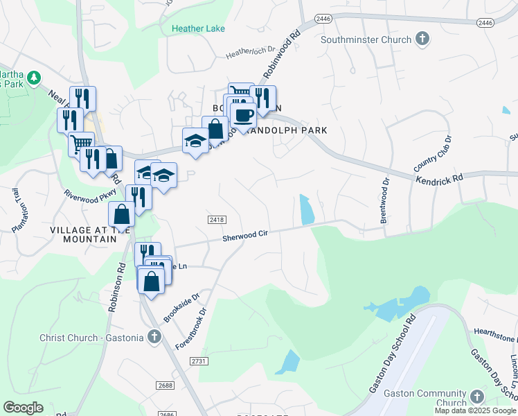 map of restaurants, bars, coffee shops, grocery stores, and more near 1009 Colony Court in Gastonia