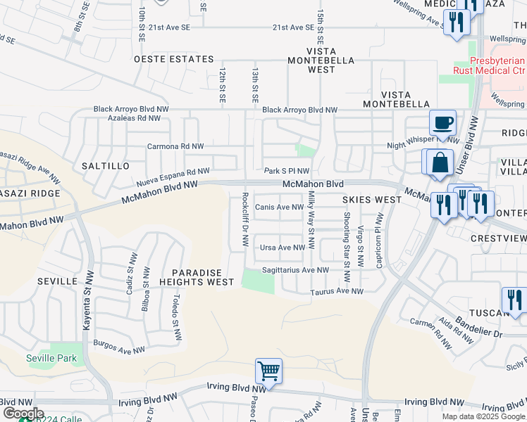 map of restaurants, bars, coffee shops, grocery stores, and more near 6124 Canis Avenue Northwest in Albuquerque