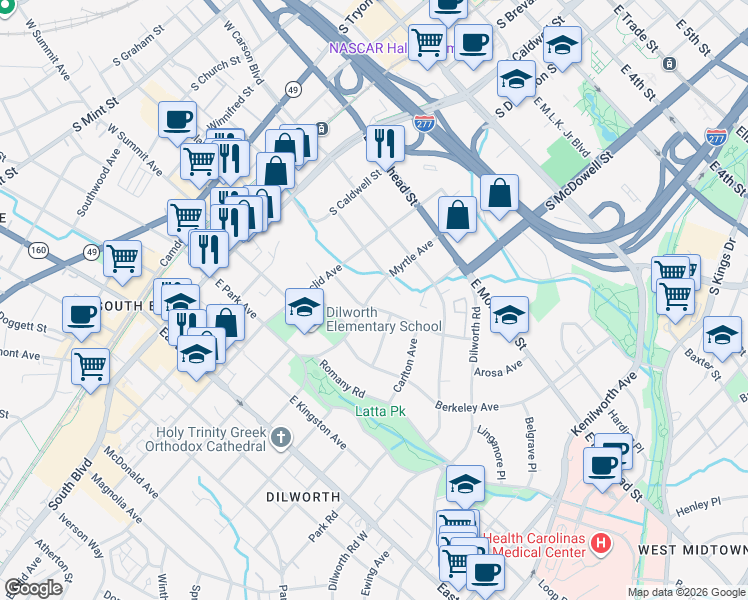 map of restaurants, bars, coffee shops, grocery stores, and more near 701 Mount Vernon Avenue in Charlotte