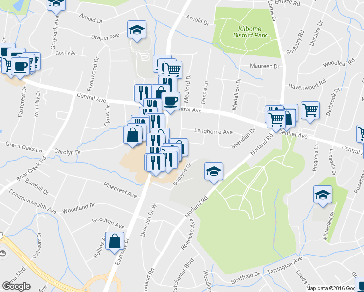 map of restaurants, bars, coffee shops, grocery stores, and more near 3900 Belcross Drive in Charlotte