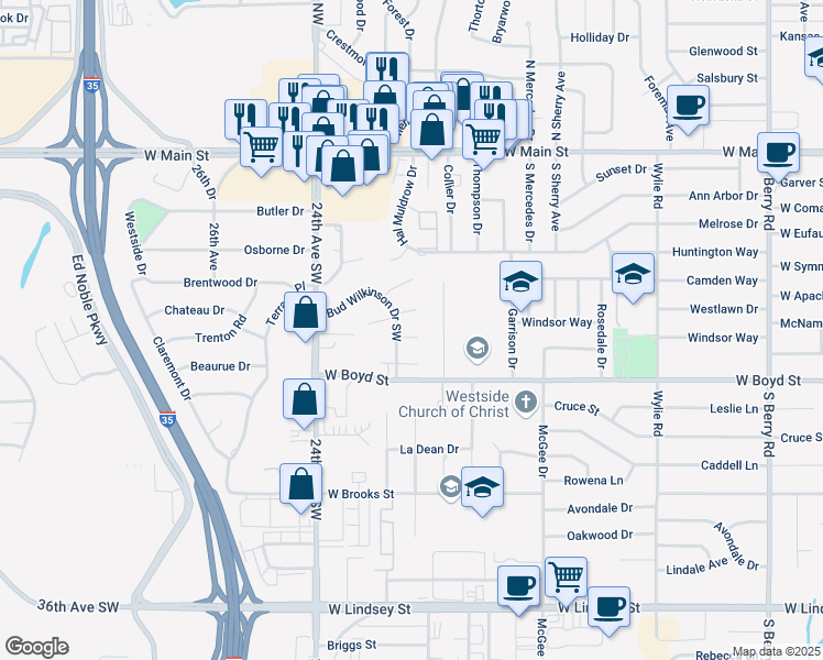map of restaurants, bars, coffee shops, grocery stores, and more near 2124 Henderson Court in Norman