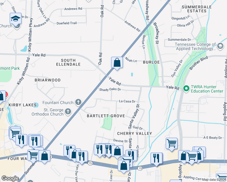 map of restaurants, bars, coffee shops, grocery stores, and more near 3196 Baja Valley Drive in Bartlett
