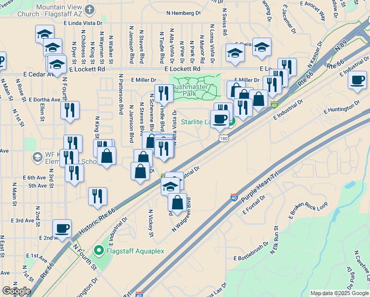 map of restaurants, bars, coffee shops, grocery stores, and more near 3023 E Lewis Dr in Flagstaff