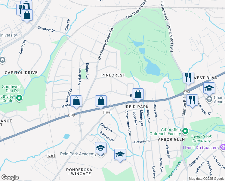 map of restaurants, bars, coffee shops, grocery stores, and more near 2544 Elmin Street in Charlotte