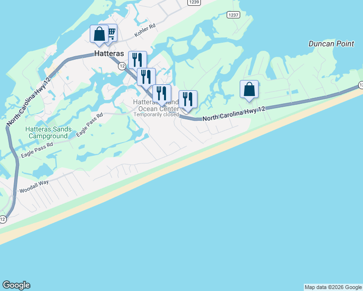 map of restaurants, bars, coffee shops, grocery stores, and more near 57042 Lighthouse Road in Hatteras