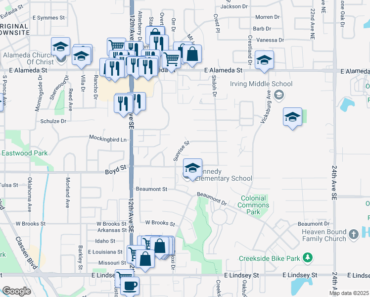 map of restaurants, bars, coffee shops, grocery stores, and more near 419 Sunrise Street in Norman