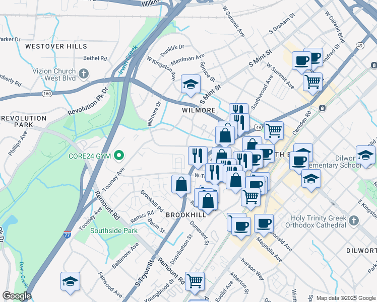 map of restaurants, bars, coffee shops, grocery stores, and more near 1955 Woodcrest Ave in Charlotte