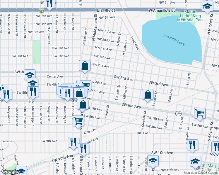 map of restaurants, bars, coffee shops, grocery stores, and more near 413 South Rusk Street in Amarillo