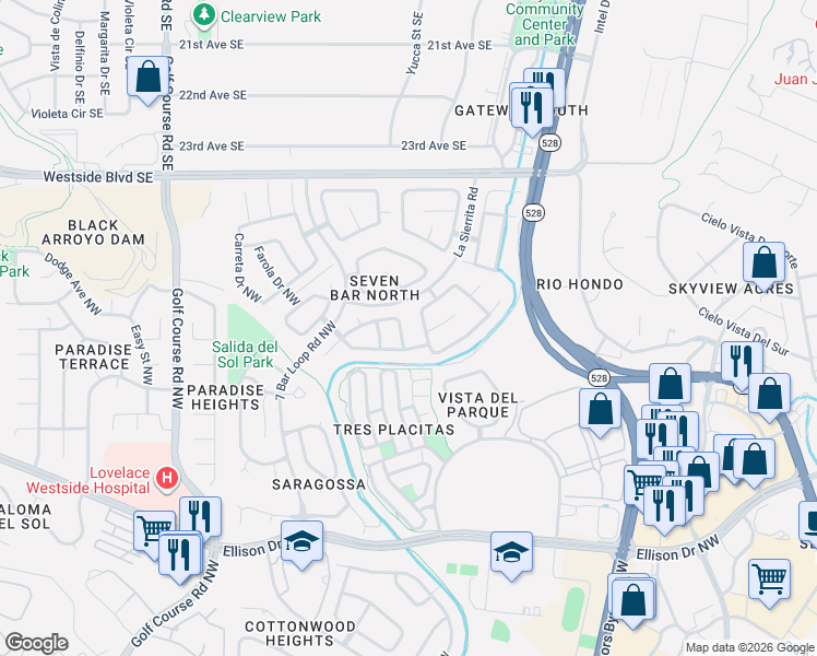 map of restaurants, bars, coffee shops, grocery stores, and more near 10805 Dandas Drive Northwest in Albuquerque