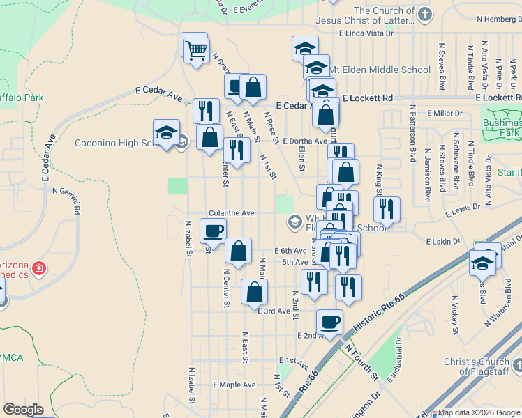 map of restaurants, bars, coffee shops, grocery stores, and more near 2420 North Main Street in Flagstaff