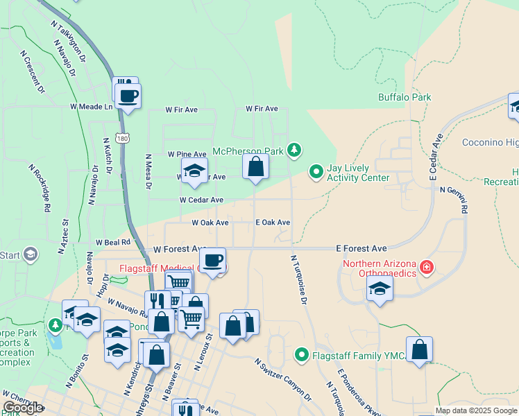 map of restaurants, bars, coffee shops, grocery stores, and more near 1508 North San Francisco Street in Flagstaff