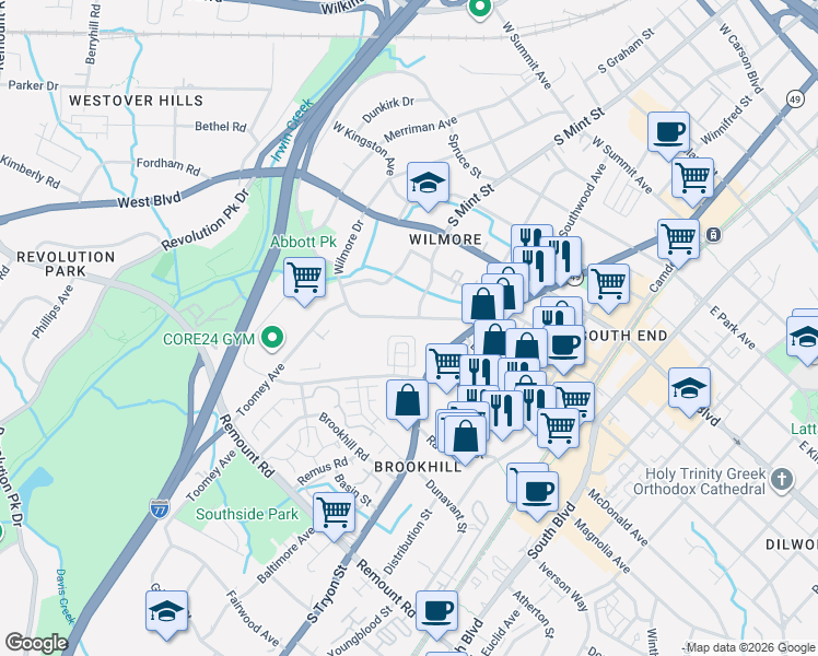 map of restaurants, bars, coffee shops, grocery stores, and more near in Charlotte