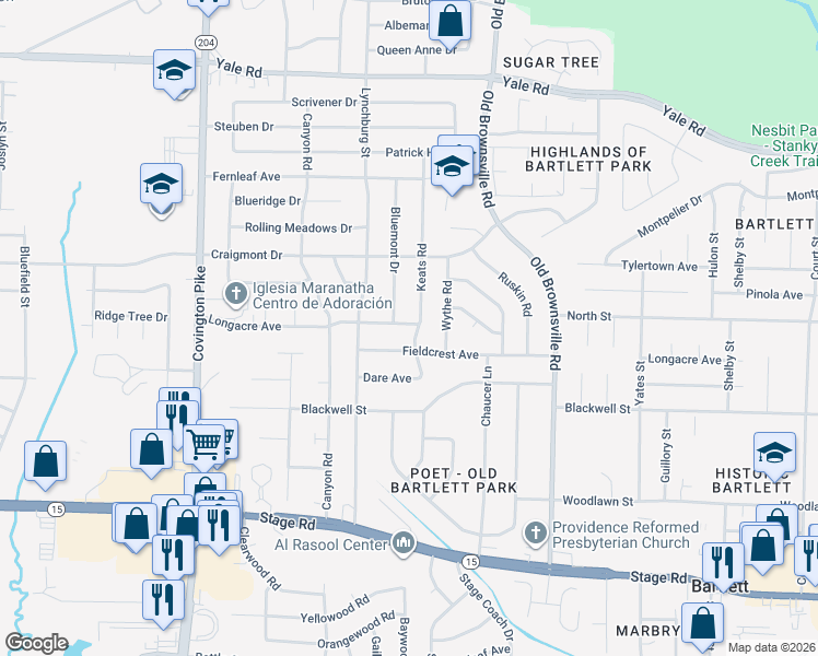 map of restaurants, bars, coffee shops, grocery stores, and more near 3181 Keats Road in Memphis