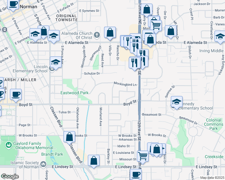 map of restaurants, bars, coffee shops, grocery stores, and more near 1220 Barkley Avenue in Norman