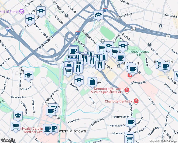 map of restaurants, bars, coffee shops, grocery stores, and more near 1322 East 1st Street in Charlotte