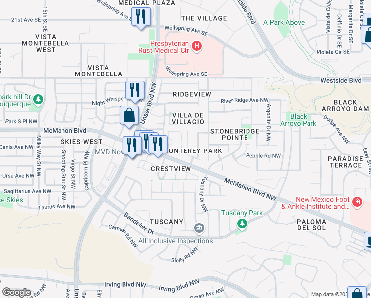 map of restaurants, bars, coffee shops, grocery stores, and more near 10719 Monterey Bay Court Northwest in Albuquerque