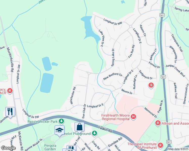 map of restaurants, bars, coffee shops, grocery stores, and more near 24 Spring Lake Drive in Pinehurst