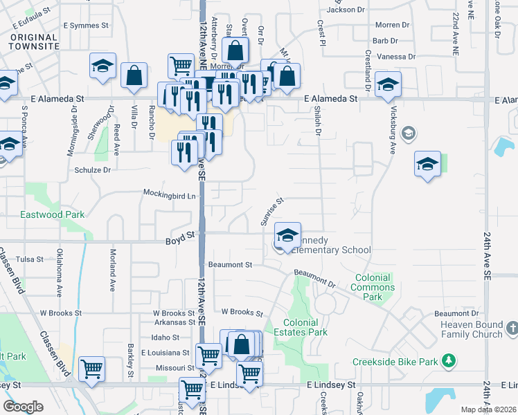 map of restaurants, bars, coffee shops, grocery stores, and more near 1406 Abbey Drive in Norman