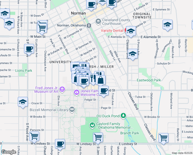 map of restaurants, bars, coffee shops, grocery stores, and more near 750 South Jenkins Avenue in Norman