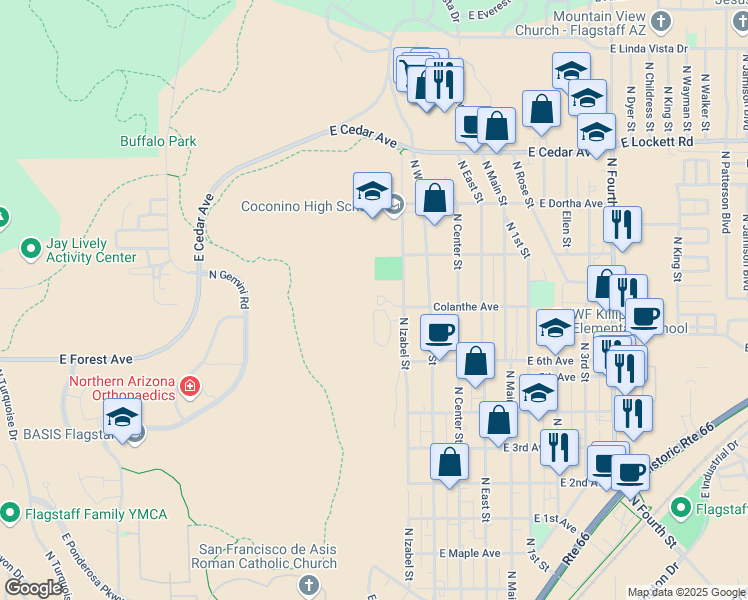 map of restaurants, bars, coffee shops, grocery stores, and more near 2303 North Izabel Street in Flagstaff