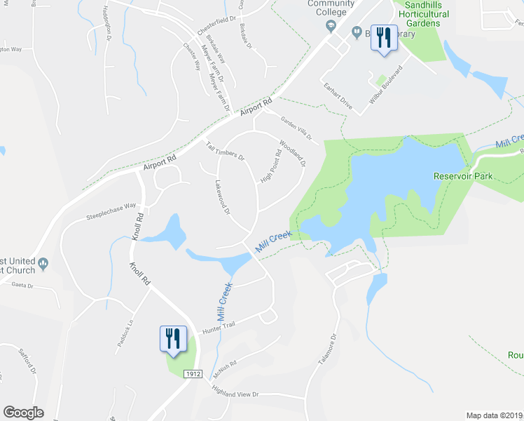 map of restaurants, bars, coffee shops, grocery stores, and more near 107 Woodland Drive in Pinehurst