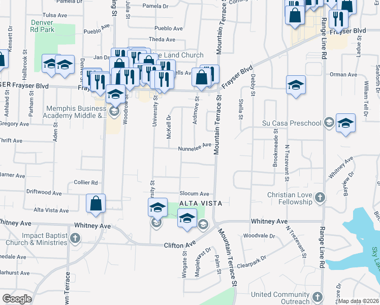 map of restaurants, bars, coffee shops, grocery stores, and more near 2299 Nunnelee Avenue in Memphis