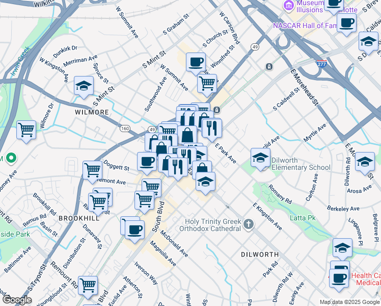 map of restaurants, bars, coffee shops, grocery stores, and more near in Charlotte