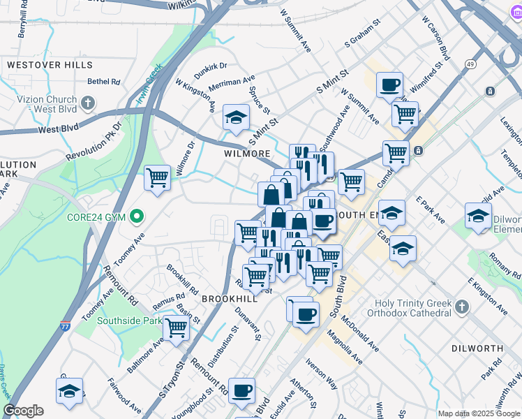 map of restaurants, bars, coffee shops, grocery stores, and more near 1936 South Tryon Street in Charlotte