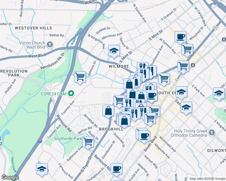 map of restaurants, bars, coffee shops, grocery stores, and more near in Charlotte