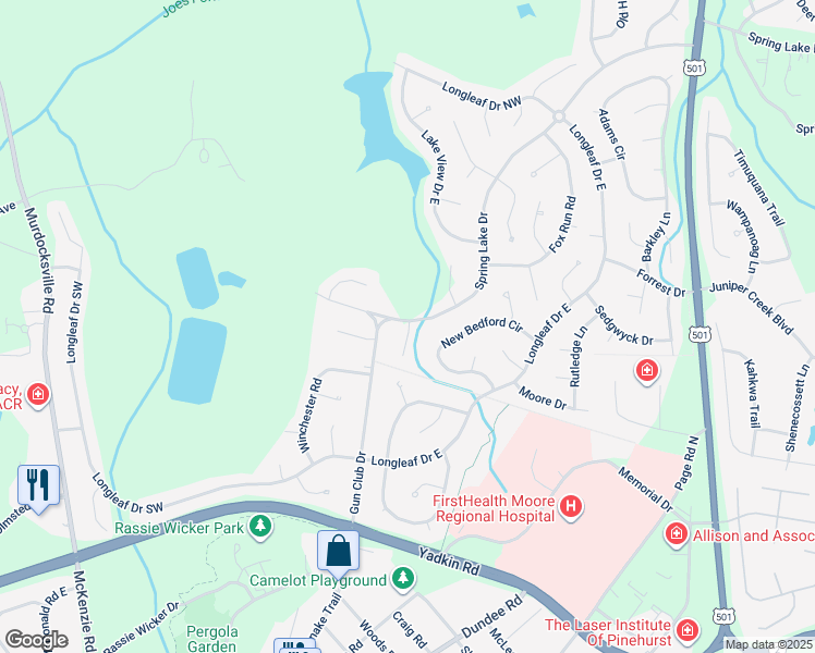 map of restaurants, bars, coffee shops, grocery stores, and more near 9 Love Lane in Pinehurst