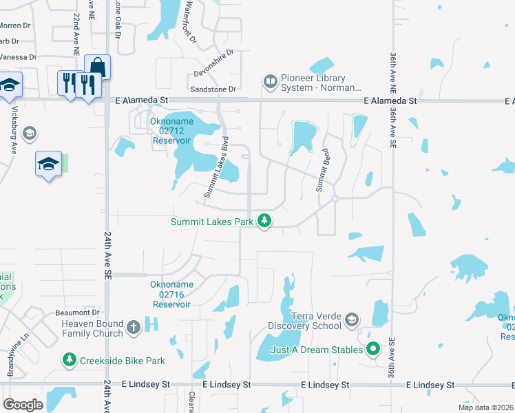 map of restaurants, bars, coffee shops, grocery stores, and more near 3004 Summit Hill Road in Norman