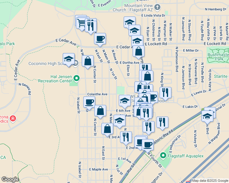 map of restaurants, bars, coffee shops, grocery stores, and more near 2420 North Main Street in Flagstaff