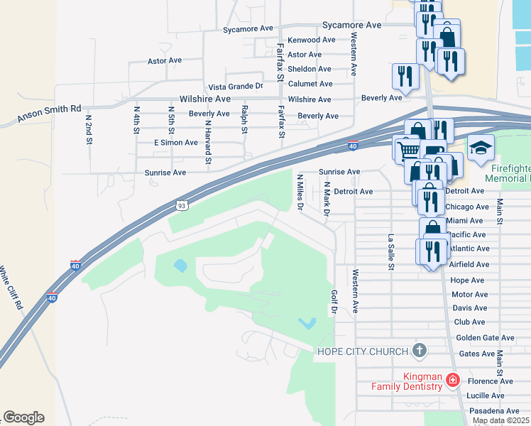 map of restaurants, bars, coffee shops, grocery stores, and more near 885 Country Club Drive in Kingman