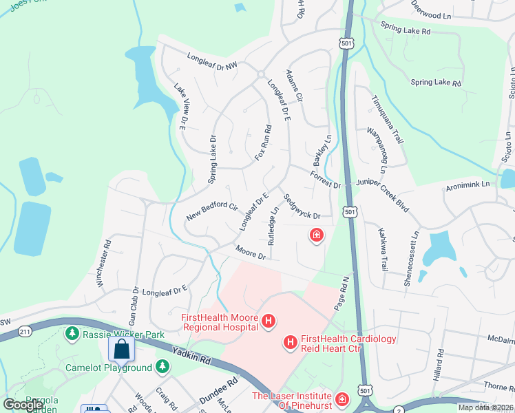 map of restaurants, bars, coffee shops, grocery stores, and more near 1650 Longleaf Drive East in Pinehurst