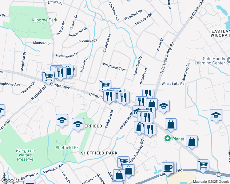 map of restaurants, bars, coffee shops, grocery stores, and more near 4016 Rosehaven Drive in Charlotte