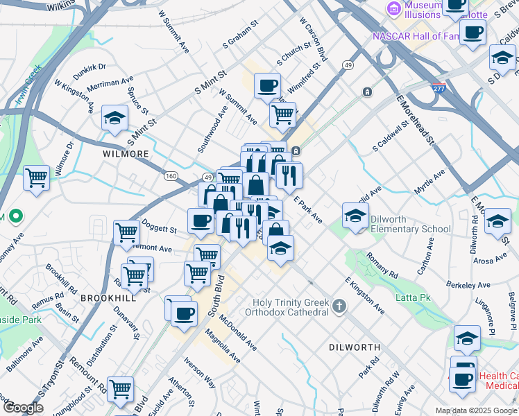 map of restaurants, bars, coffee shops, grocery stores, and more near in Charlotte