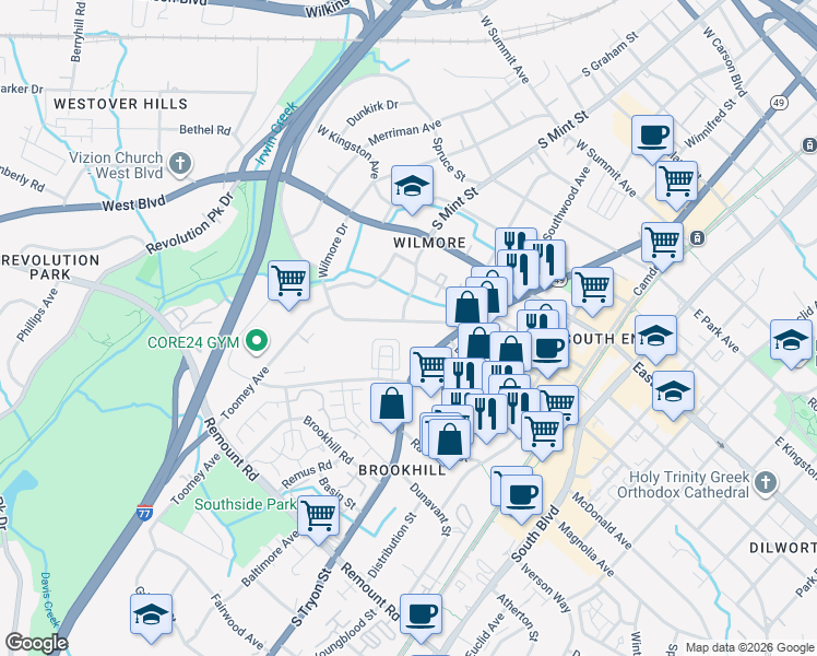 map of restaurants, bars, coffee shops, grocery stores, and more near in Charlotte