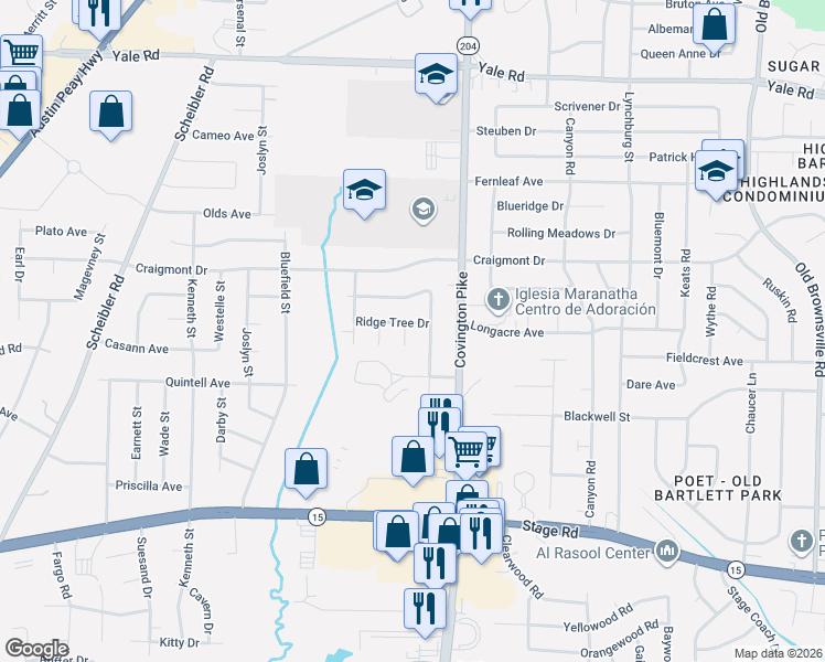 map of restaurants, bars, coffee shops, grocery stores, and more near 3184 Ridge Meadow Cove in Memphis
