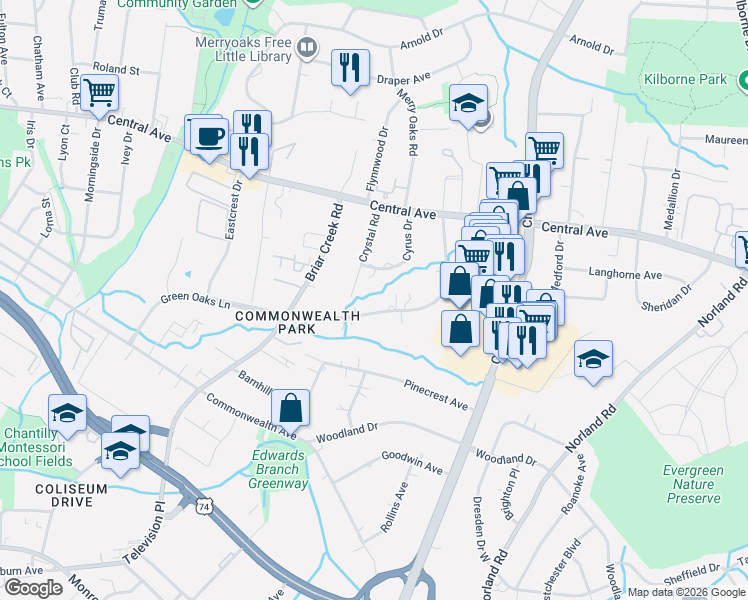 map of restaurants, bars, coffee shops, grocery stores, and more near in Charlotte