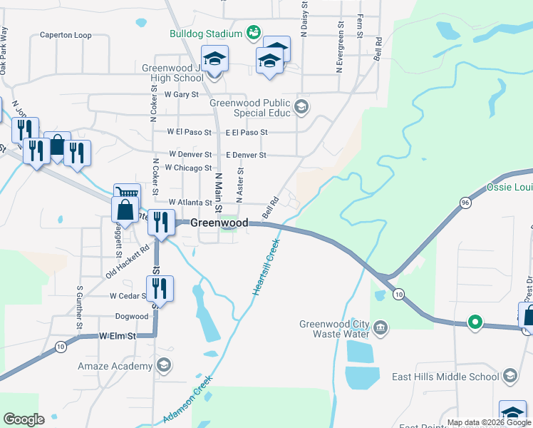 map of restaurants, bars, coffee shops, grocery stores, and more near 354-440 East Center Street in Greenwood